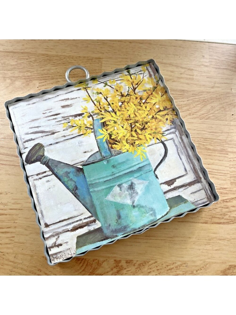 Round Top Collection Forsythia watering can metal framed art 6x6 country garden